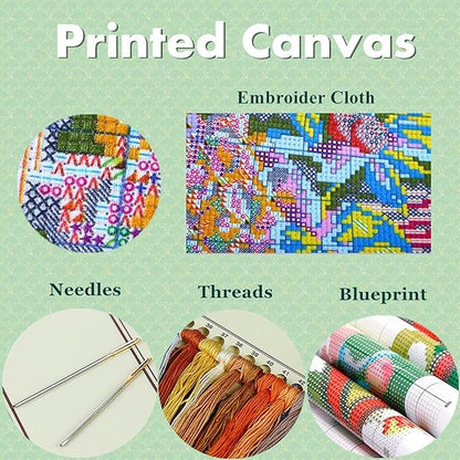 Joyhoor Cross Stitch Kits for Beginners Stamped Cross-Stitch Supplies Needlework preprint Embroidery Kits for Adults DIY Needlepoint Kits Embroidery Patterns 11CT-Tiger Scenery 18x18 inchs