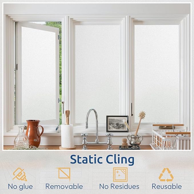 rabbitgoo Window Privacy Film, Non-Adhesive Frosted Glass Window Film for Bathroom, Static Cling Heat Blocking Stickers for Home Indoor Opaque Frosting Coverings House Tint, Matte White 11.8" x 118.1"