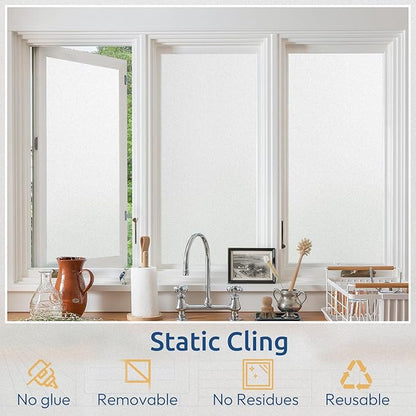 rabbitgoo Window Privacy Film, Non-Adhesive Frosted Glass Window Film for Bathroom, Static Cling Heat Blocking Stickers for Home Indoor Opaque Frosting Coverings House Tint, Matte White 35.4" x 196.8"