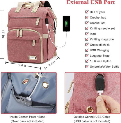 Crochet Backpack,Knitting Bag Backpack Yarn Storage Organizer Travel Crochet Bag with USB Charging Port,Yarn Storage Tote Bag Yarn Holder Case for Knitting Needles,Crochet Hooks,Crochet Accessories