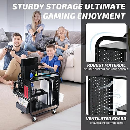 PLKOW Video Game Organizer, Rolling Video Game Storage Rack for Xbox/Switch/PS4/PS5 Accessories, Game Consoles Stand Controllers Holder, Perfect Holiday Present (Black)