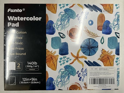 Funto Watercolor Pad, 12×9", 20 Sheets, 140lb/300gsm, 100% Cotton, Cold Press, Glue Bound, Double-Sided, Easy Tear Heavyweight Art Paper for Painting