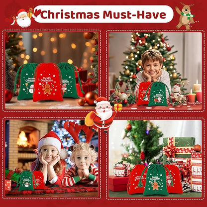 Tapleap Christmas Bags with Drawstring - 50Pcs 3x4 Red and Green Velvet Cloth for Wrapping Dice, Jewelry, Party Favors or Gifts for Friends, Children, Customers