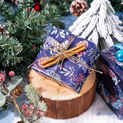 WRAPAHOLIC 30 Inch Christmas Wrapping Paper Roll - Jumbo Roll Drak Blue Bird, Christmas Garland and Snowflake Holiday Collection with Metallic Foil Shine - 4 Rolls - 30 Inch x 120 Inch Per Roll