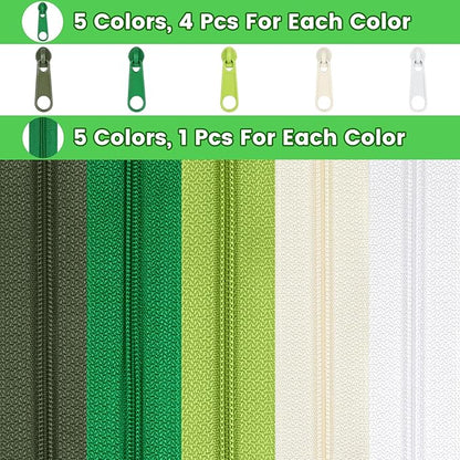 DOITEM 15.3 Yards/ 14 m 5 Pieces Assorted Colors #3 Nylon Coil Zippers, Sewing Zippers Endless Zips with 20 Pieces Zipper Sliders Zip Heads for DIY Sewing Tailor Craft Supplies (Green White)