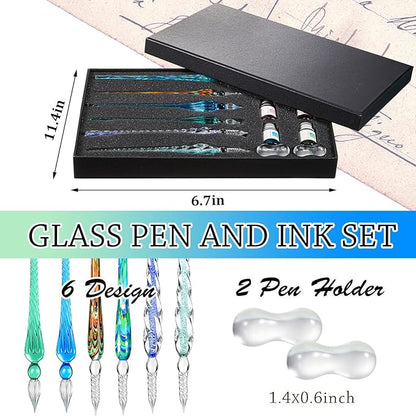 Zonon Glass Dipped Pen Ink Set 14 Pcs Include 6 Pcs Glass Dip Pen, 6 Colorful India Ink and 2 Holder Crystal Signature Calligraphy for Art, Writing, Signatures, Gift(Green Color System)