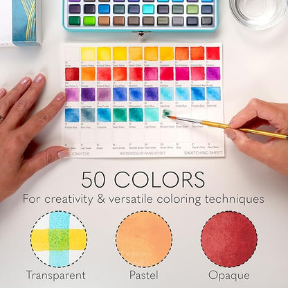 CHROMATEK Watercolor Paint Set – 50 Vivid Colors Including Transparent, Opaque & Pastel – Art Kit with Brush, Water Pen, Palette, Color Chart, Swatch Sheets, Pad & Metal Travel Case