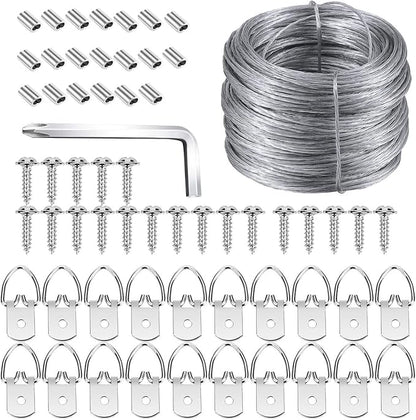Picture Hanging Kit, Listenman D Ring Picture Hangers with Screws, Picture Hanging Wire(100 Feet) and Aluminum Sleeves, Supports up to 30 lb, Included Screwdriver