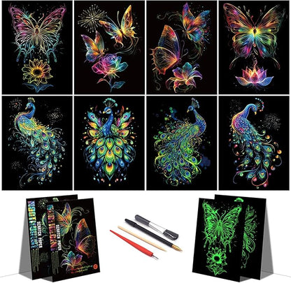 Scratch Paper Art for Adults-Glow in The Dark Scratch Painting Craft Kit (8 Sheets A4)|Foil Engraving Art Set|Stress Relief Gift for Craft Lovers|Creative Scratch Art Home Decor(Butterfly&Peacock)‌