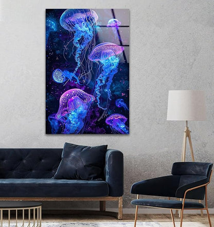 My Photostation.com 32Wx48H'' Glowing Jellyfish Glass Wall Art Tempered Glass Printing Wall Decor Large Wall Art Wall Hangings
