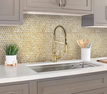 1.03 sq ft/Piece Pack of 1,Glossy Gold Glass Penny Round Mosaic Tiles – 12.2" x 12.2" Mesh-Mounted Sheets, Not Peel & Stick - Kitchen Backsplash, Shower Wall, Bathroom, Fireplace, Interior Decor