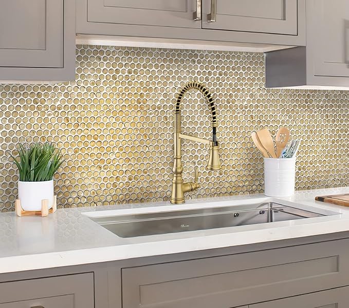 Box of 10 Glossy Gold Glass Penny Round Mosaic Tiles – 12.2" x 12.2" Mesh-Mounted Sheets, 10.34 Sq Ft, Not Peel & Stick - Kitchen Backsplash, Shower Wall, Bathroom, Fireplace, Interior Decor