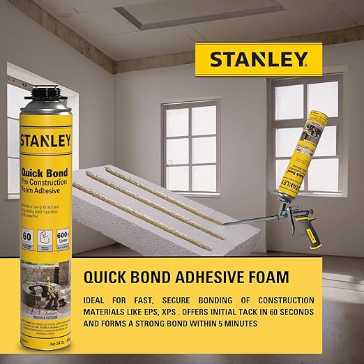 Stanley Quick Bond Adhesive Foam - 12x24oz, Reliable Bond Adhesive for Various Materials, Strong bonding, No Mixing, Gun Use, Including Gun, 2 Cleaners | 12 Pack