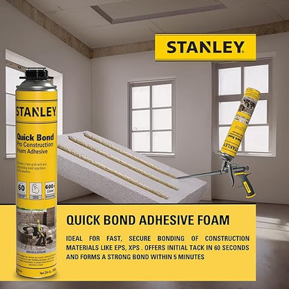 Stanley Quick Bond Adhesive Foam - 12x24oz, Reliable Bond Adhesive for Various Materials, Strong bonding, No Mixing, Gun Use, Including Gun, 2 Cleaners | 12 Pack