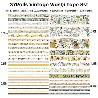37 Rolls Vintage Washi Tape Set - Decorative Tape Floral Butterfly Mushroom Botanical,Adhesive Tape for Journaling Supplies,Scrapbooking,Junk Journal Supplies5/8/10/15/30/75mm Wide9.84ft Long/Roll