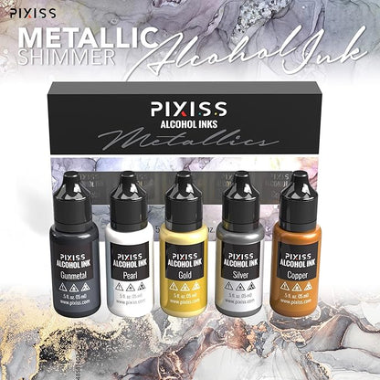 Metallic Alcohol Ink Set - Gold, Silver, Gunmetal, Copper, Pearl with Extreme Shimmer - Large 0.5 Ounce Inks