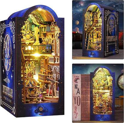ISSEVE Book Nook Kit, 3D Wooden Puzzle DIY Miniature House Kit for Booknook Shelf Insert Decoration, Magic Book House Stand Bookshelf Dollhouse for Adults with Sensor Light (Explore The Universe)
