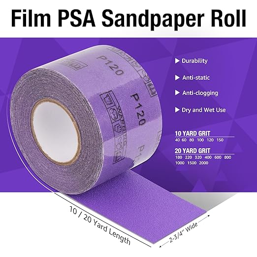 1000 Grit PSA Purple Film Ceramic Sandpaper Roll, 2-3/4" Wide Continuous 20 Yard Longboard Sanding Roll Wet Dry Sanding Blocks Self Adhesive Sticky Back Sanding Sheets for Woodworking Automotive