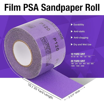 100 Grit PSA Purple Film Ceramic Sandpaper Roll, 2-3/4" Wide Continuous 10 Yard Longboard Sanding Roll Wet Dry Sanding Blocks Self Adhesive Sticky Back Sanding Sheets for Woodworking Automotive