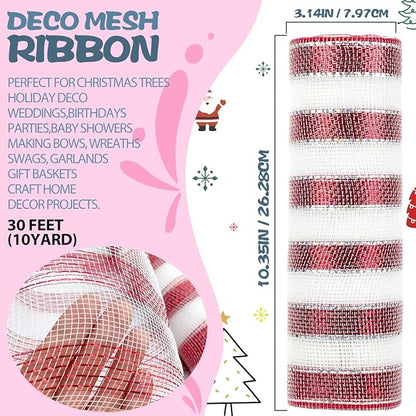 Anivia Deco Mesh Ribbon, 10inch x 30 Feet Each Roll Metallic Foil Mesh Ribbon for Wreaths Swags, Holloween, and Christmas Tree Decoration (Red&White)