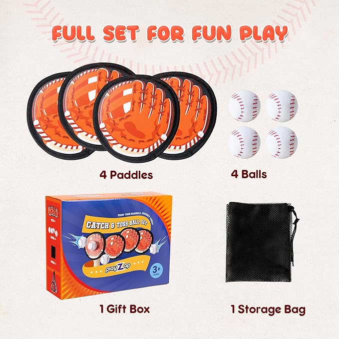 Playzap Toss and Catch Ball Set - Ultra Soft & Safe Toddler Baseball Gloves Designed for Pain-Free - Kids Games Toys Indoor Outdoor - Great for Yard Beach Pool - Gift for Boys Girls 2-4 5-7 8-10 Years