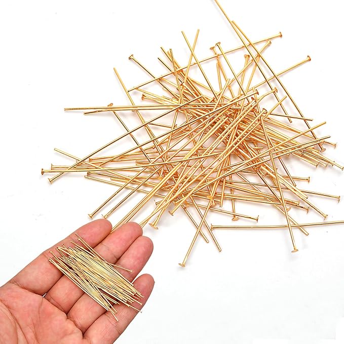 150pcs 18K Gold Filled Flat Head Pins Non Tarnish Craft Earring Bracelet Jewelry Making Accessories Supplies (40mm (1.57in), Gold-Flat Head Pin)