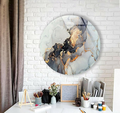 My Photostation.com 10''(25cm) Diameter Gold Details Gray Marble Round Glass Wall Art Tempered Glass Printing Wall Decor Large Wall Art Wall Hangings