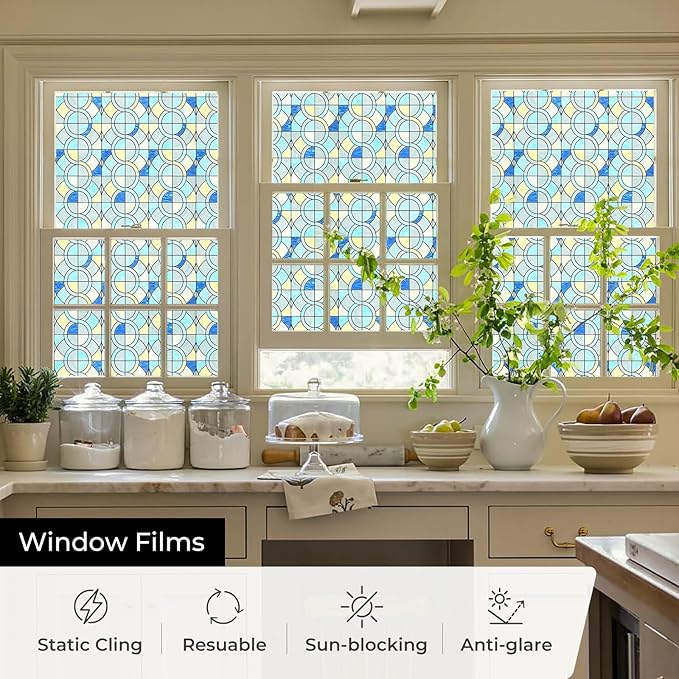 Window Privacy Film, Frosted Glass Decorative Static Cling, Removable Sun Blocking Vinyl Covering, Window Film for Home Kitchen Living Room Bathroom, Geometric Rings, 17.5" x 78.7 "