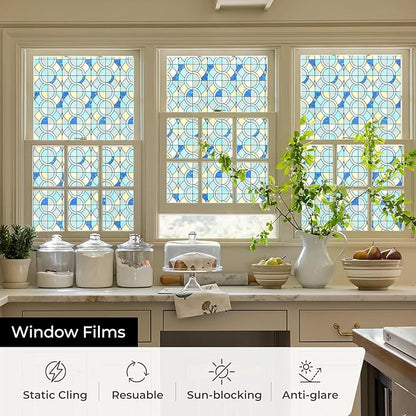 Window Privacy Film, Frosted Glass Decorative Static Cling, Removable Sun Blocking Vinyl Covering, Window Film for Home Kitchen Living Room Bathroom, Geometric Rings, 17.5" x 78.7 "