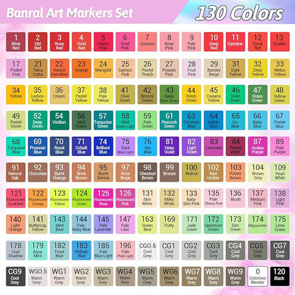 Banral 130 Colors Dual Tip Alcohol Based Markers, Twin Sketch Art Marker Set Pens for Artists Kids Adult Coloring Drawing Sketching Card Making Illustration, Premium Brush Markers with Case
