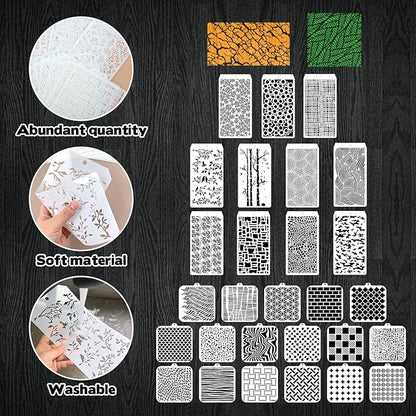 30 Pcs Abstract Layering Stencils for Painting, Reusable Mixed Media Stencils with Geometric Crackle Bubble Camo Splatter Tree Leaf Patterns, DIY Craft Templates for Walls Canvas Cards Airbrush Art