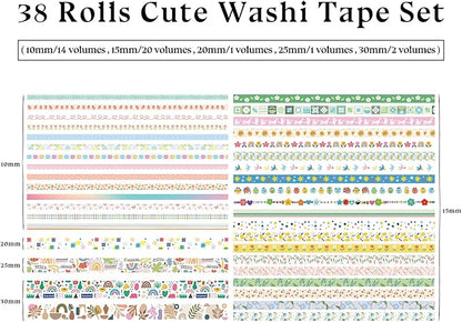 38 Rolls Washi Tape, Aesthetic Colored Decorative Cute Scrapbook Tape for Scrapbooking Supplies Journaling Craft Junk Journal