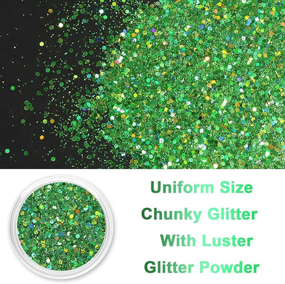 Renfio Holographic Glitter, 2.11oz/60g Medium Size Chunky Mix Ultra Fine for Crafts, St Patrick's Day, Resin, PET Flakes for Nail Art, Tumblers, Slime - Laser Green