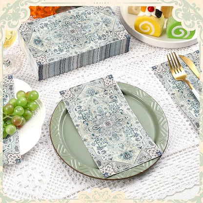 Yeaqee 100 Pcs Vintage Boho Napkins Paper Guest Towels 2 Ply Decoupage Napkins Disposable Decorative Hand Towel for Bathroom Kitchen Fall Wedding Party Dinner(Blue and Grey)