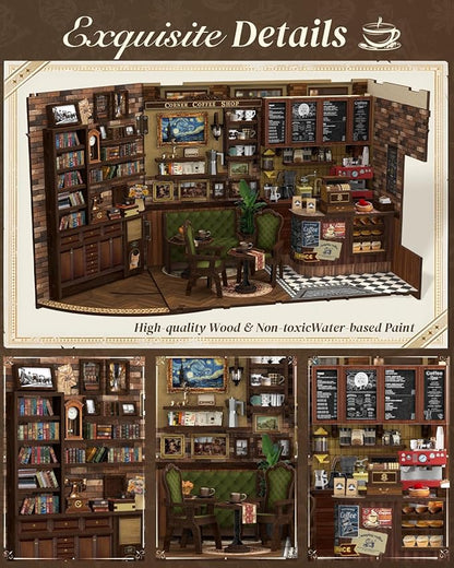 Cutefun Book Nook Kit - DIY Miniature Doll House Kit, Book Nook Kits for Adults, 3D Wooden Puzzle Bookend Bookshelf with LED Light for Cafe Crafts Lovers (Corner Coffee Shop)