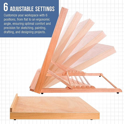 U.S. Art Supply X-Large 25-5/8" x 19" (A2) Adjustable Wood Art Drawing Board - 6 Angles, Beechwood Construction, Pencil Ledge, Locking Storage Drawer - Perfect for Design, Drafting & Architecture