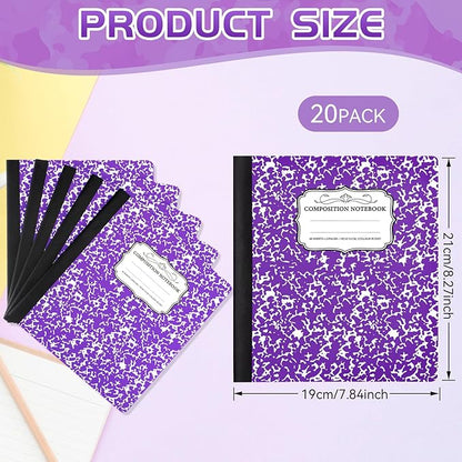 Seajan 20 Pack Composition Notebooks, Wide Ruled Paper, 7-1/2" x 9-3/4" Marble Hard Covers, 60 Sheets, Composition Notebooks Bulk for Students Back to School Adults Office Supplies(Purple)