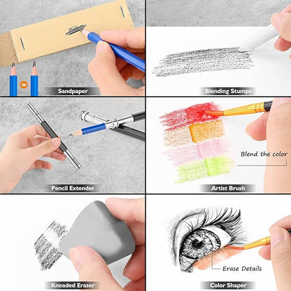 Caliart 176PCS Art Supplies Sketching Kit with 100 Sheets 3-Color Sketch Book, Graphite Colored Charcoal Watercolor & Metallic Pencils, Drawing Set Christmas Gifts for Adults Teens Girls Boys Kids
