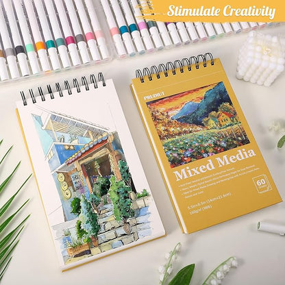 A5 Sketchbook, 2 Pack Mixed Media Sketchbook 120 Sheets Total, 98lb/160g/m² Heavy Weight Spiral Artist Sketchbook for Sketching, Crayons, Acrylics, Crafts, Ideal Gift