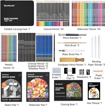 Shuttle Art 103 PCS Drawing Kit, Professional Drawing Supplies with Sketch, Charcoal, Colored, Graphite, Pastel Pencils & Sticks, Complete Drawing Tools and Paper Pads in Zipper Case for Artists&Kids