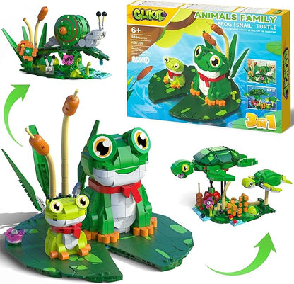 3 in 1 Animals Frog Family Building Set - Animal Figures with 3 Building Options, Create Frog, Turtle or Snail Family - Educational Toy Birthday Gift for Girls and Boys Ages 6+