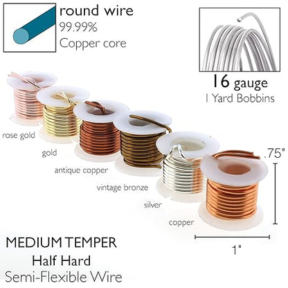 The Beadsmith Craft Wire Assortment - Tarnish-Resistant Copper Wire for Jewelry Making, 6-Pack, 0.75-Inch Mini Spools, 1 Yd Each, 16-Gauge, Assorted Colors, Medium Temper