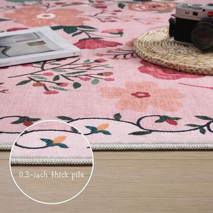 Rugcomf Living Room Rug 6x9 Machine Washable Boho Area Rug Non Slip Floral Vintage Low Pile Large Carpet for Bedroom, Farmhouse, Dining Room, Kids Playroom(Pink)