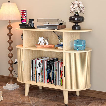 Large Round Record Player Stand with Charging Station & USB Ports，Record Storage Cabinet, Mid Century Modern Turntable Stand for Bedroom Living Room (Small Oak)