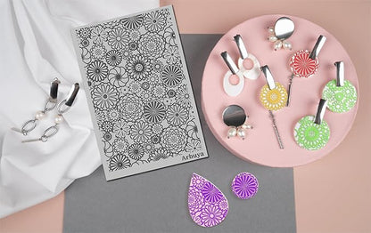Arbuya Polymer Clay Blossom Flowers Texture Sheets for Earrings Jewelry Making, Clay Dahlia Floral Texture Mats for Polymer Clay Projects Floral Stamps for Clay Earrings Tools
