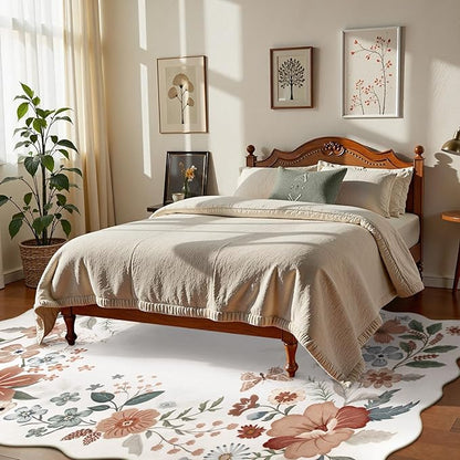 Beeiva Living Room Rugs 8x10 - Scalloped Floral Printed Soft Non Slip Washable Flower Rug for Bedroom Under Bed Boho Aesthetic Rugs Stain Resistant Large Carpet for Nursery Dorm(Beige,8x10ft)