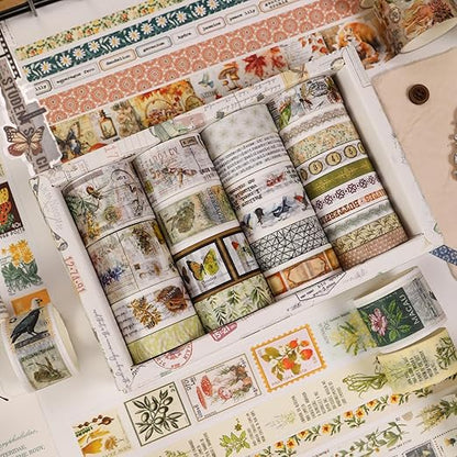 Vintage Washi Tape Set - 24 Rolls Arts Adhesive Tapes Assorted Retro Decorative Masking Tape Sets for Craft, Kids, Scrapbook, DIY, Gift Wrapping (4-Nature Journal)