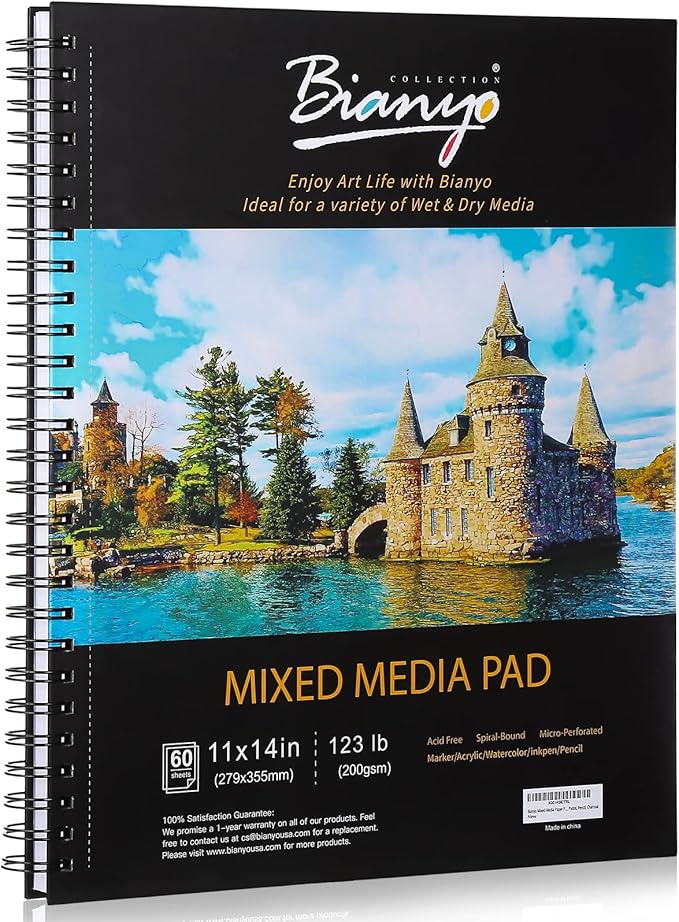 Bianyo Mixed Media Paper Sketchbook, 11" X 14", 60 Sheets/Each, 123 LBS/200 GSM, Spiral-Bound Pad, Perforated, Ideal for Wet & Dry Media Like Marker, Watercolor, Acrylic, Pastel, Pencil