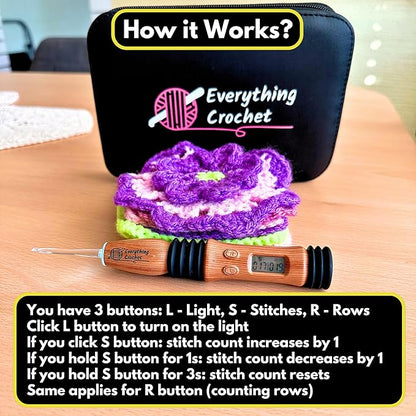 Everything Crochet Vintage Counting Crochet Hook Set with Light & Counter - Ergonomic for Arthritic Hands - Light up, Digital Stitch & Row Counter - 17 Size Interchangeable Hooks Kit - Cool Gift