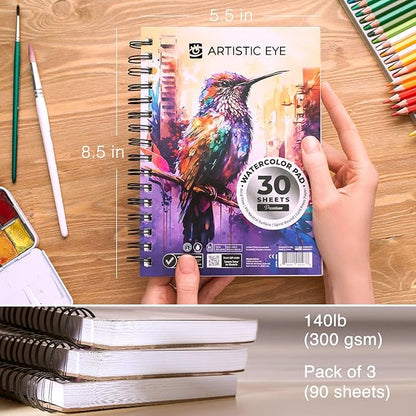 ARTISTIC EYE 5.5x8.5 Premium Watercolor Pads, Pack of 3 (90 Sheets), Spiral Bound, 140lb (300gsm), Acid-Free Paper, Perfect for Most Wet & Dry Media, Ideal for Beginners, Artists & Professionals